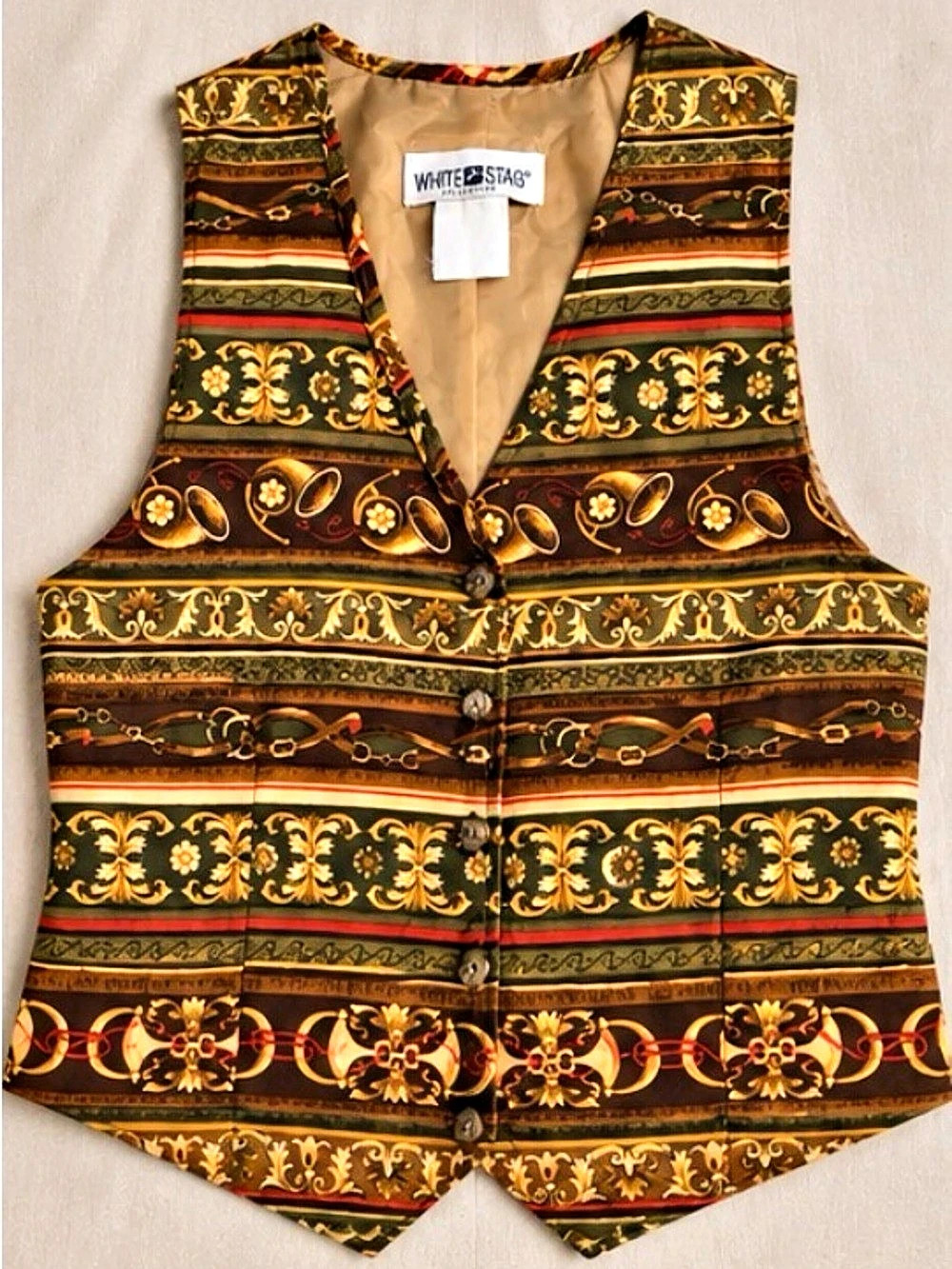 Vintage White Stag Baroque Chain Print Vest | Paisley Tapestry Print